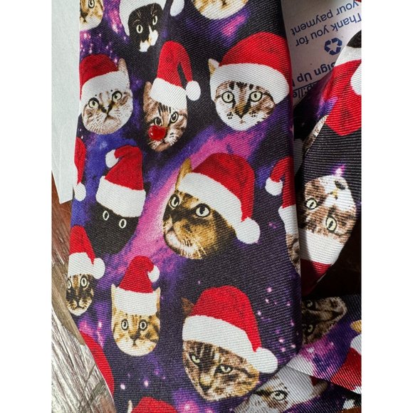Knotty and Nice Holiday Space Cats Tie OS Purple, red Christmas Cats Space Pol - Picture 5 of 16